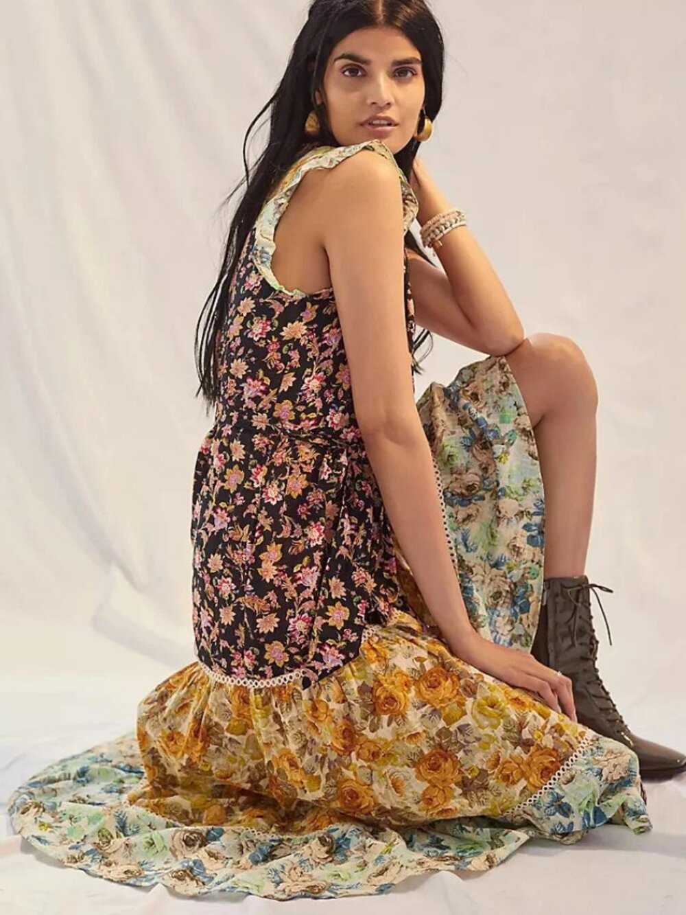 Anthropologie Ruffled Floral Midi Boho Dress Black Motif.  SZ S
